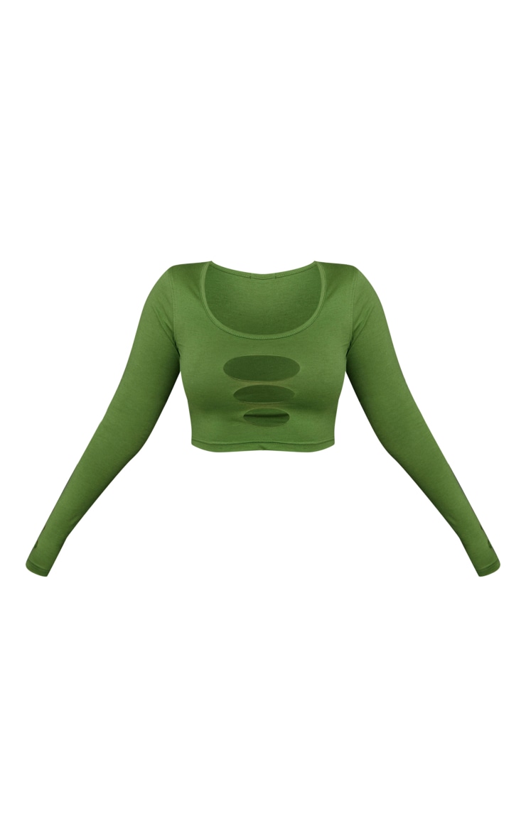 Dark Green Slash Long Sleeve Cut Out Crop Top image 5