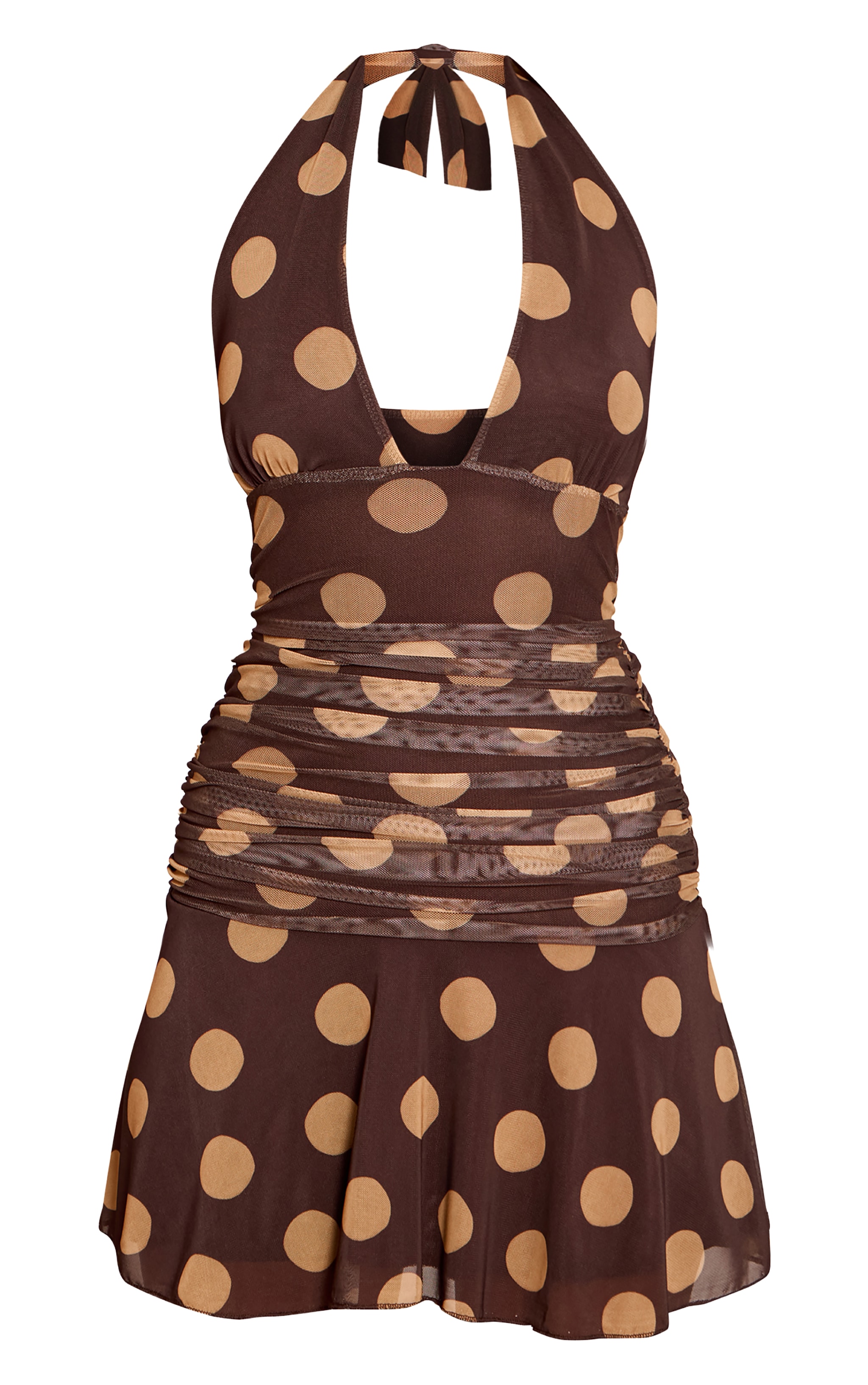 Brown Contrast Polka Dot Halterneck Mini Dress image 5