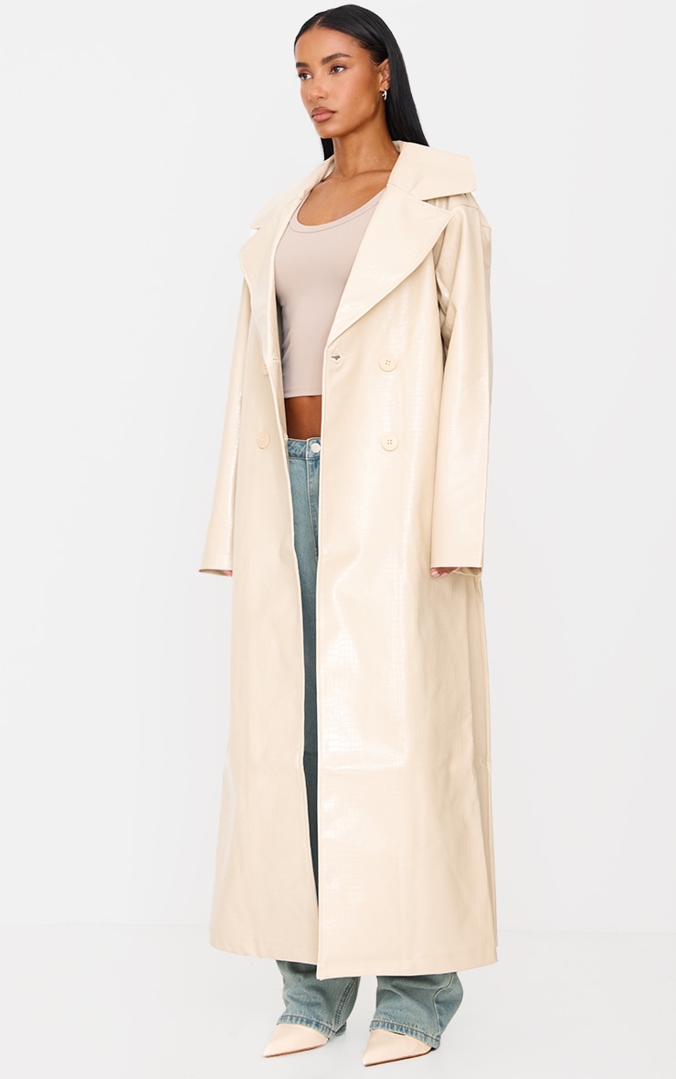 Sand Faux Leather Croc Trench Coat image 3