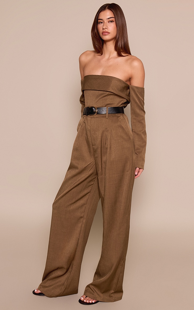 Khaki Woven Bardot Long Sleeve Belt Detail Jumpsuit image 3