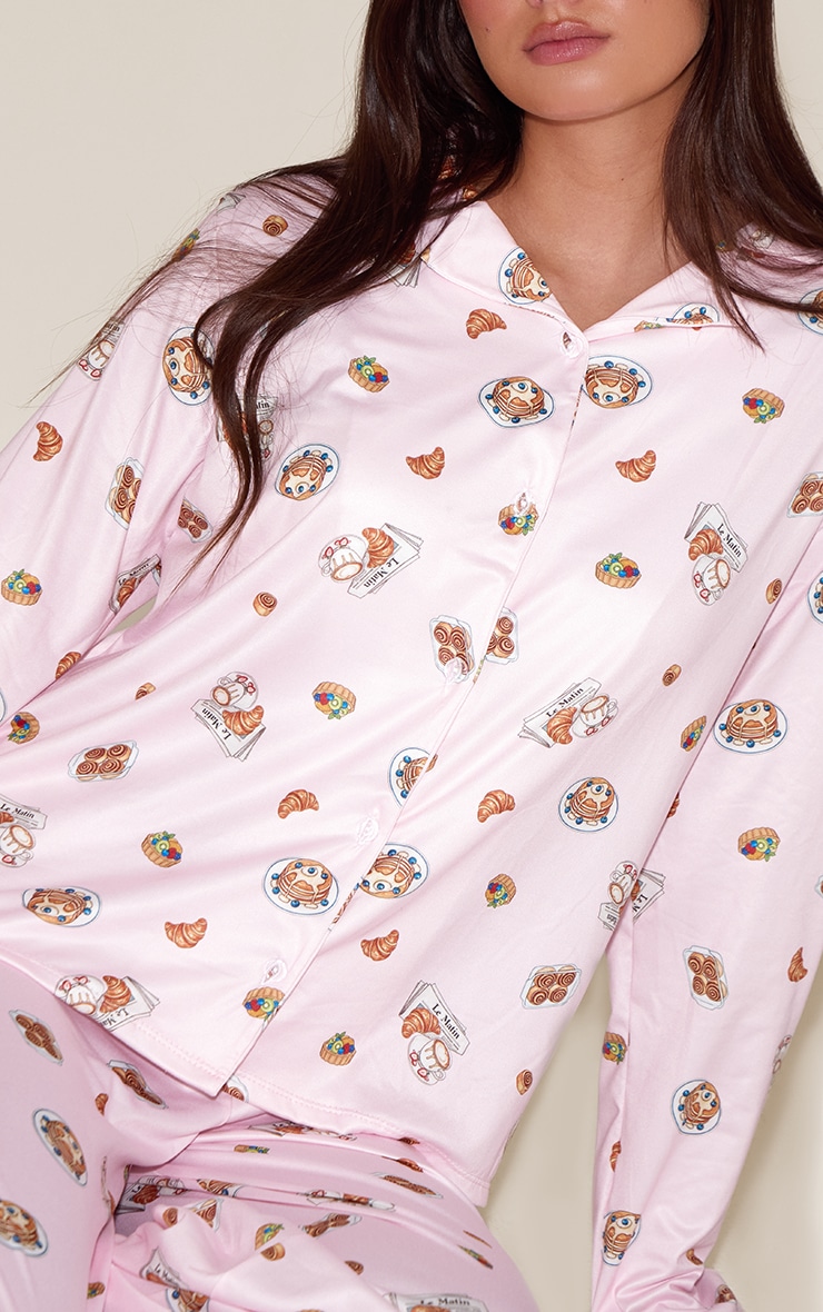 Pink Breakfast Print Long Sleeve Button Through PJ Set image 4