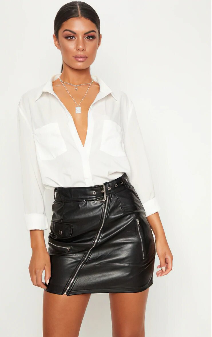 Black Faux Leather Biker Belted Mini Skirt
