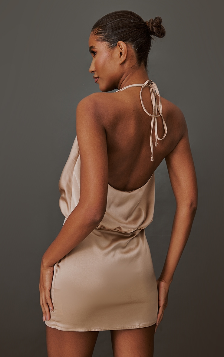 Camel Satin Plunge Halterneck Slip Dress image 2