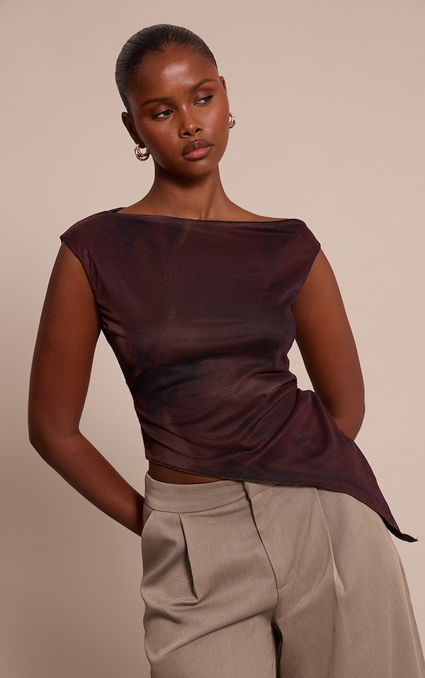 Brown Flower Print Asymmetric Neck Mesh Top