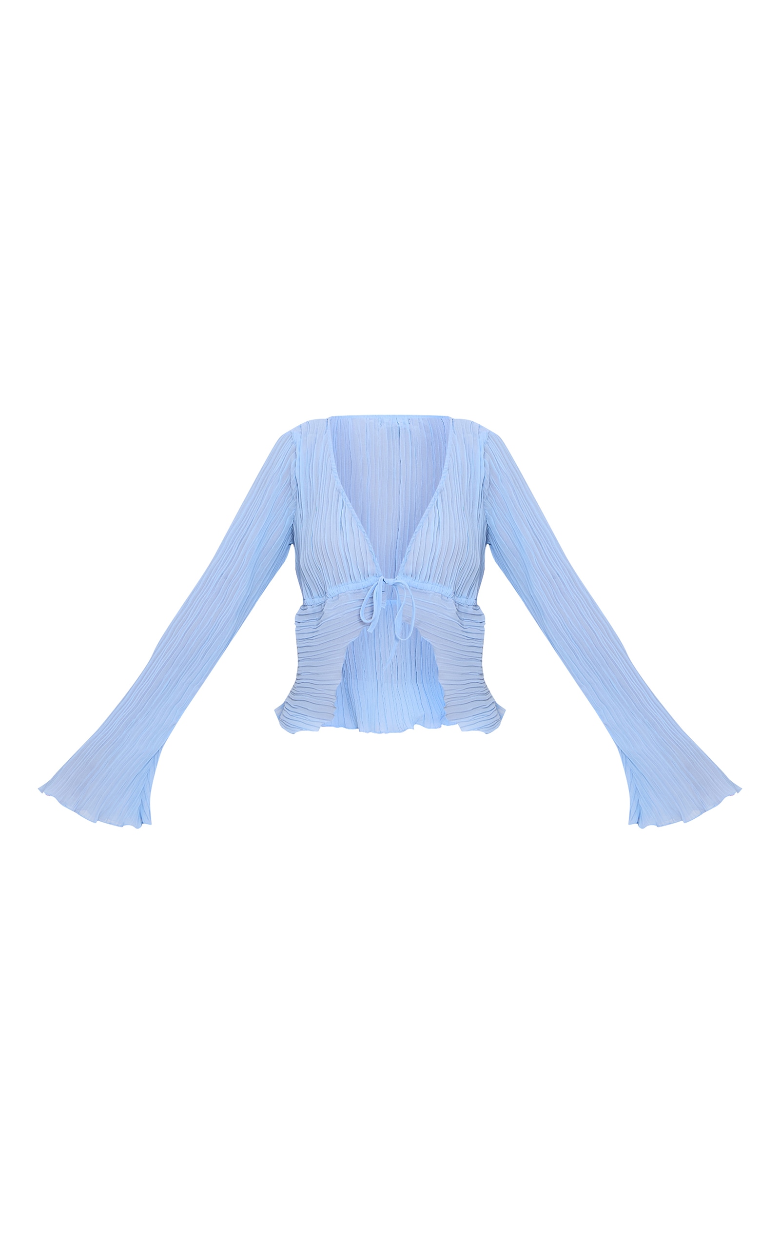 Sky Blue Plaid Long Sleeve Frilled Detail Half Button Blouse main image 0