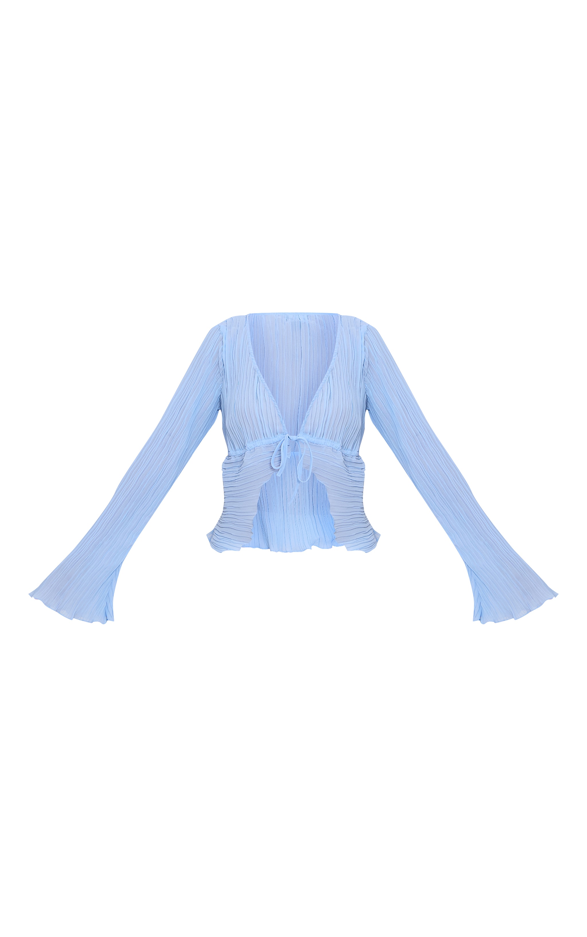 Sky Blue Sheer Plisse Tie Front Flute Sleeve Blouse image 5