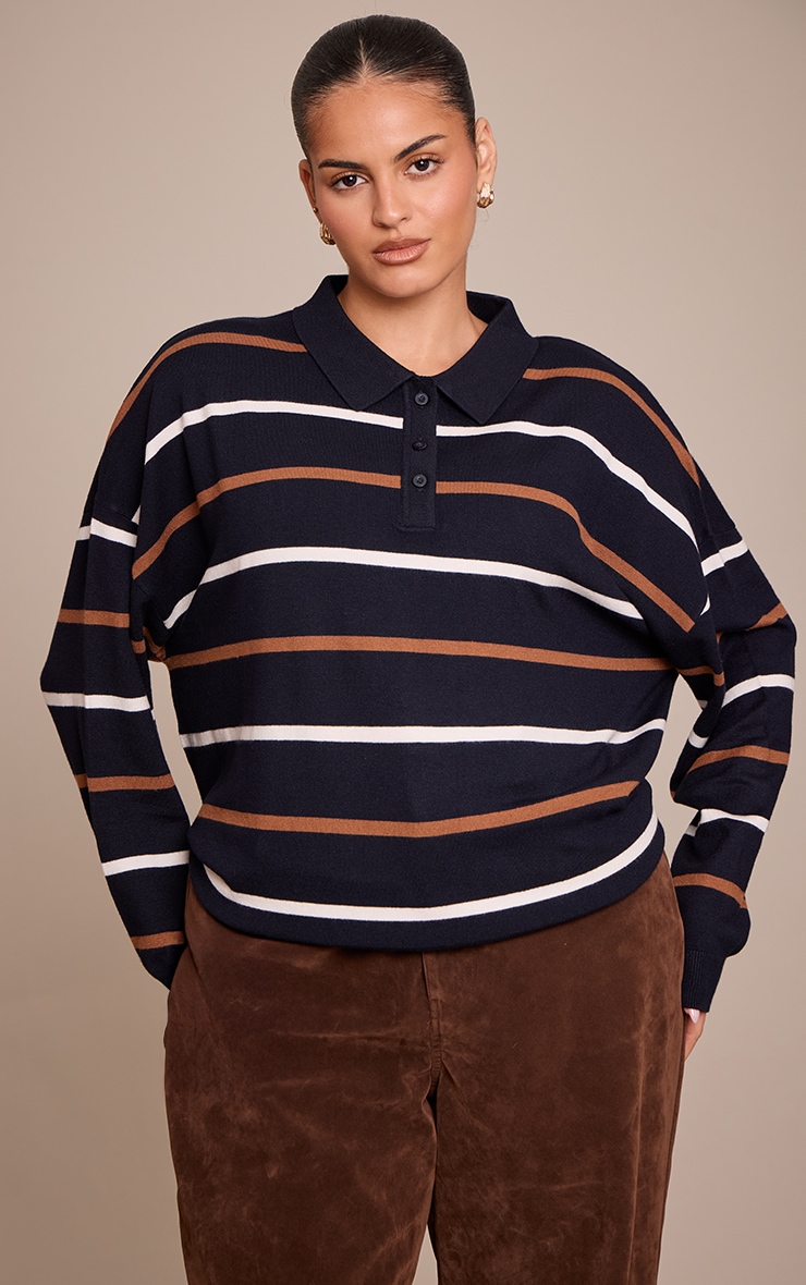 Plus Top style rugby en maille tricot bleu marine rayée à col polo et manches longues