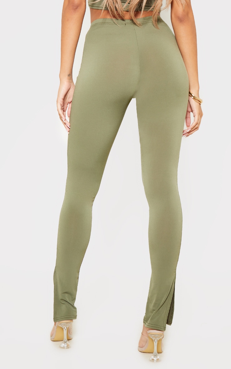 Khaki Slinky Split Hem Leggings image 3