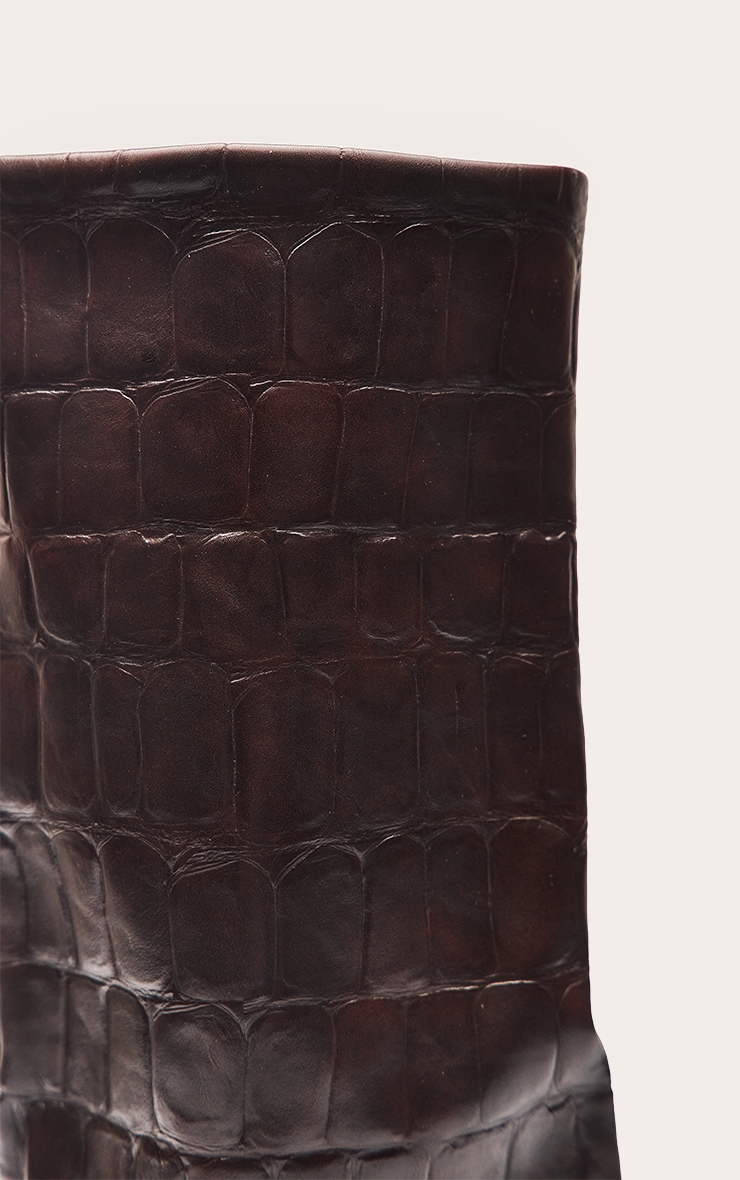 Chocolate Croc Faux Leather Stiletto Foldover Knee High Boots image 5