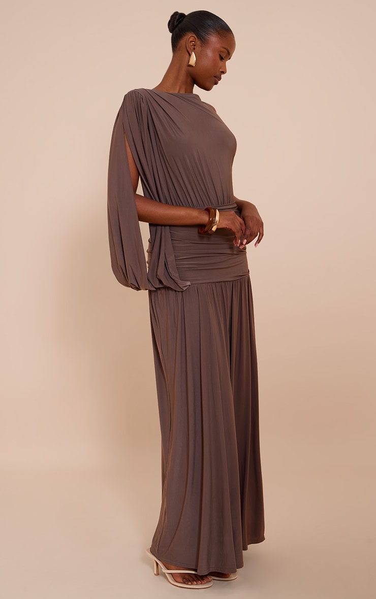Mushroom Double Layer Slinky Ruched One Shoulder Maxi Dress image 3
