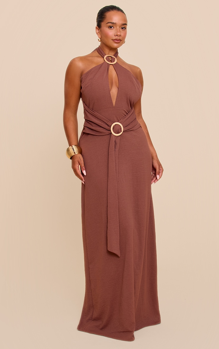 Shape Chocolate Hammered Satin Ring Detail Halter Maxi Dress image 1
