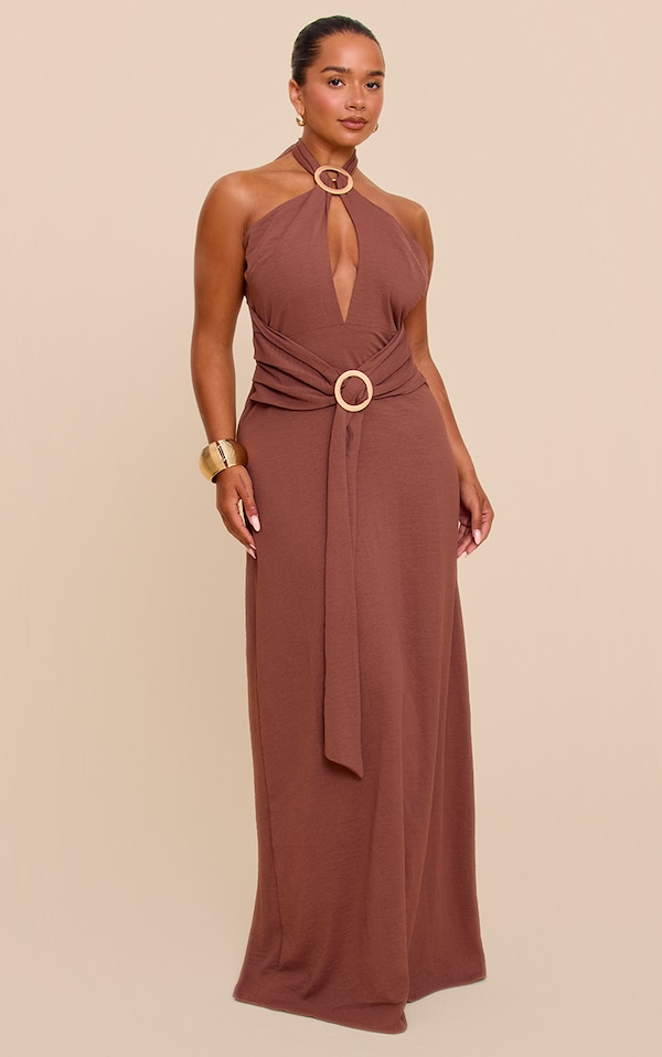 Shape Chocolate Hammered Satin Ring Detail Halter Maxi Dress