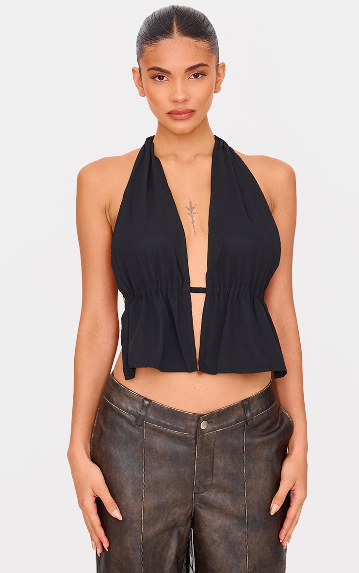Black Chiffon Plunge Backless Long Top image 2