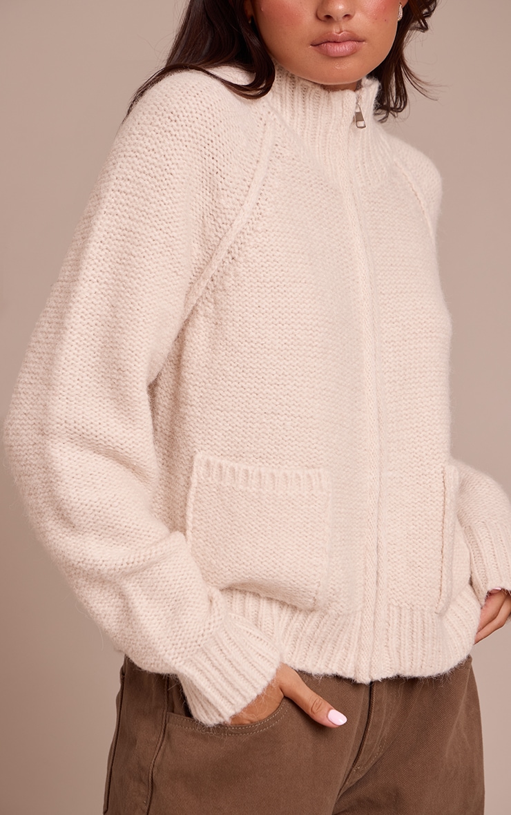 Cream Zip Up Pocket Detail Knitted Cardigan image 4
