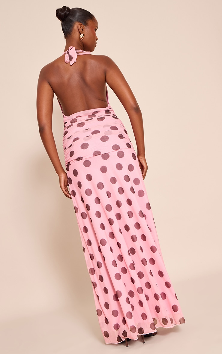 Robe longue en mousseline de soie rose à pois et dos nu image 2