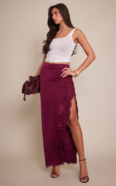 Plum Satin Lace Side Split Maxi Skirt