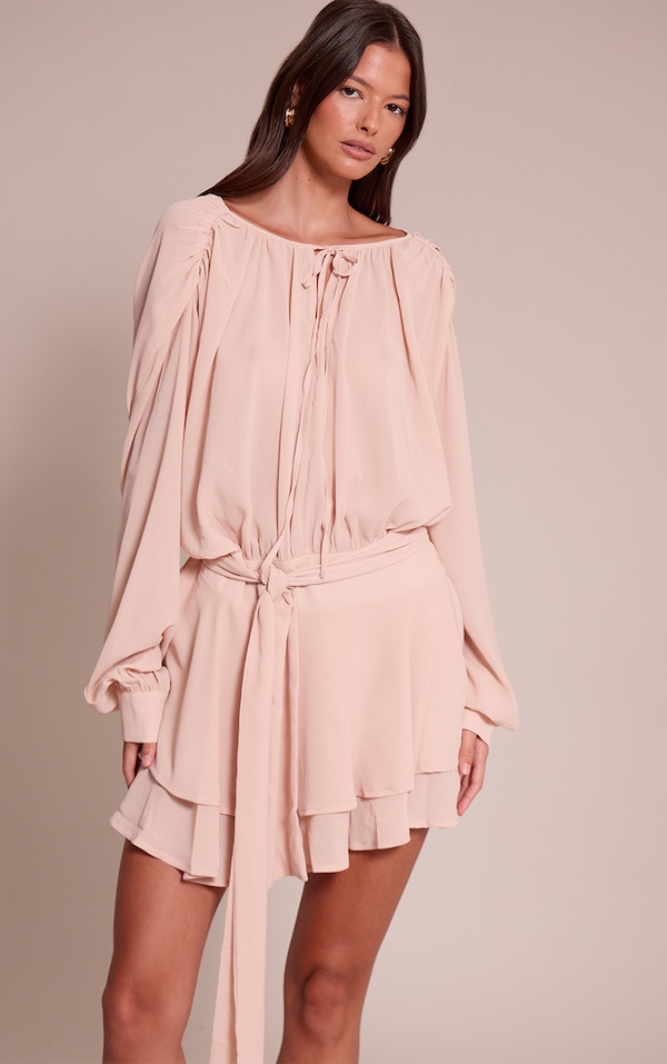 Dusty Pink Chiffon Belt Wrap Mini Shift Dress