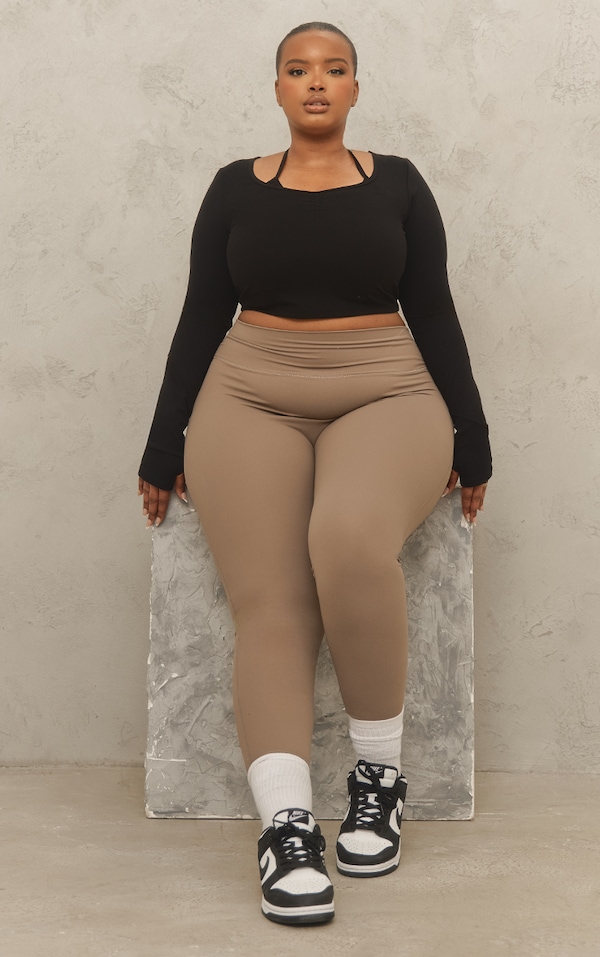 Plus Black Sculpt Ruched Long Sleeve Yoga Top PrettyLittleThing