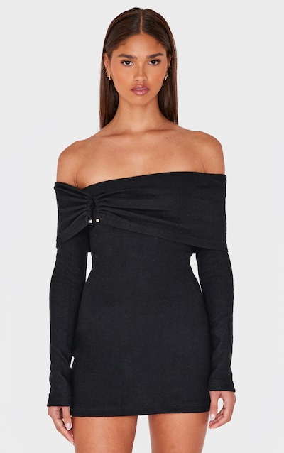 Mini robe épaisse brossée côtelée noire à col bardot et empiècement