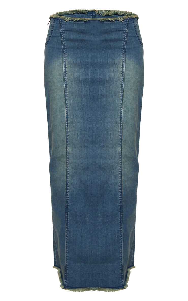 Indigo Blue Wash Raw Hem Denim Maxi Skirt image 5