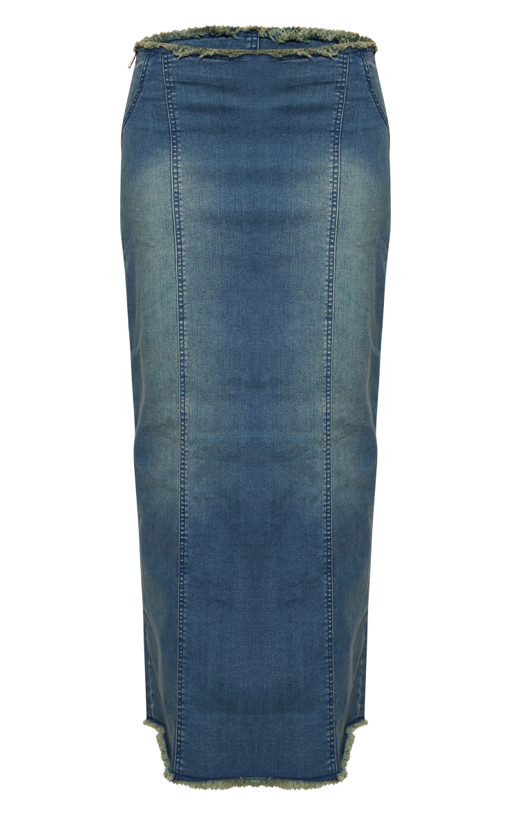 Indigo Blue Wash Raw Hem Denim Maxi Skirt image 5