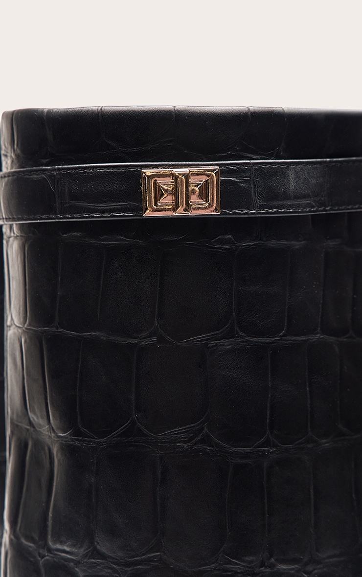 Black Croc Faux Leather Block Heel Foldover Knee High Boots image 5