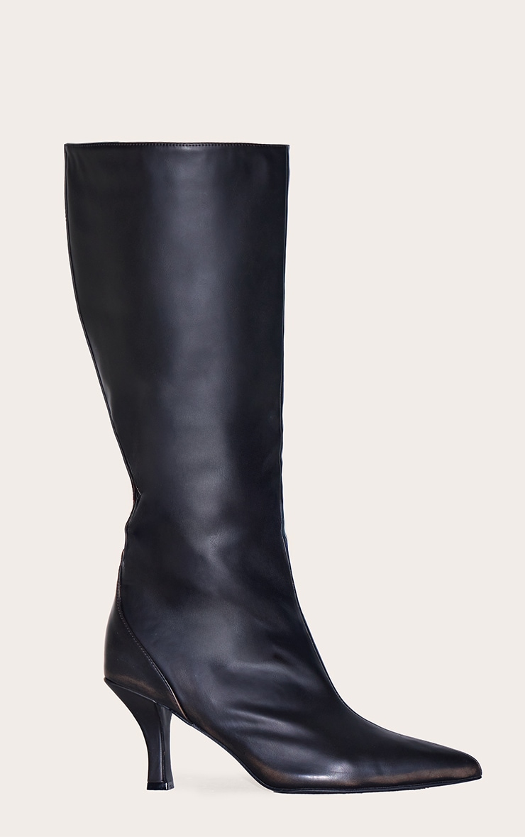 Black Burnish Wide Fit Pu Point Toe High Stiletto Heel Knee High Boots image 5