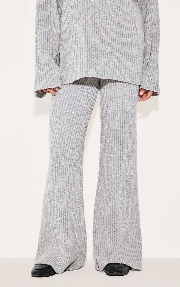Ash Grey Rib Boucle Knit Wide Leg Pants image 2