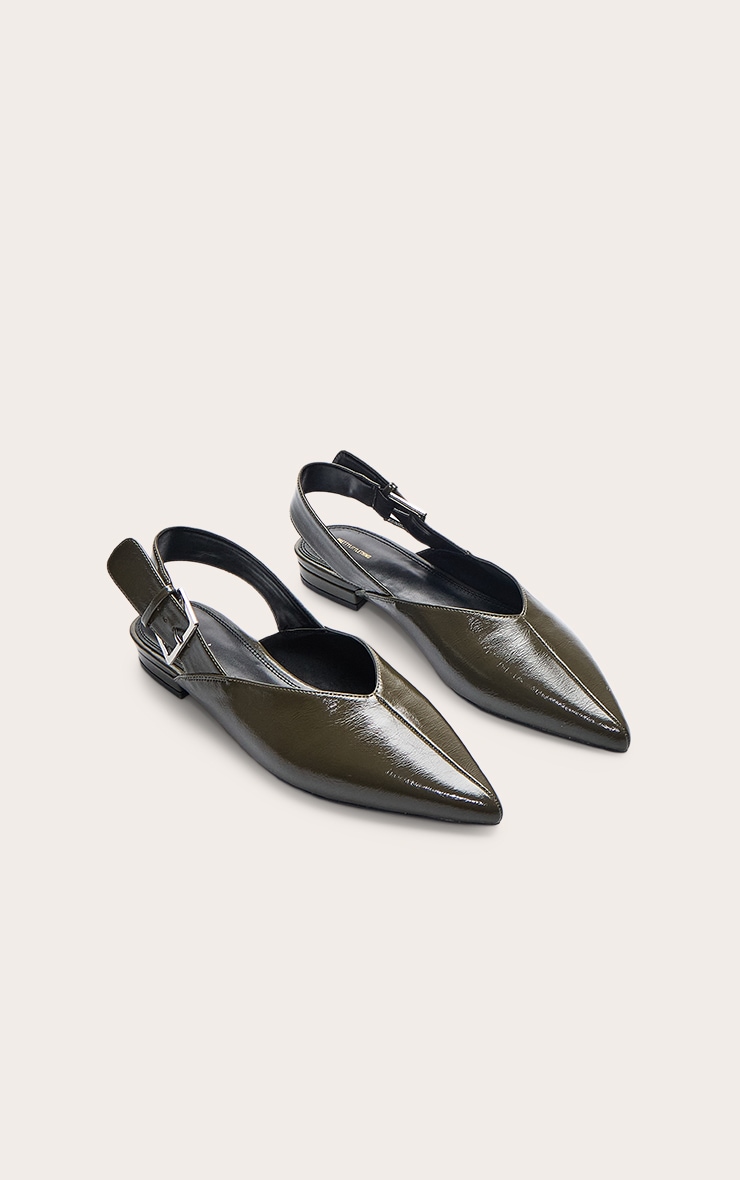 Olive Crinkle PU Buckle Point Toe Sling Back Mules image 3
