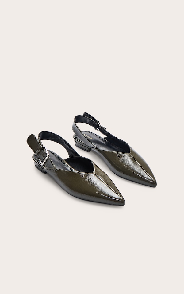 Olive Crinkle PU Buckle Point Toe Sling Back Mules