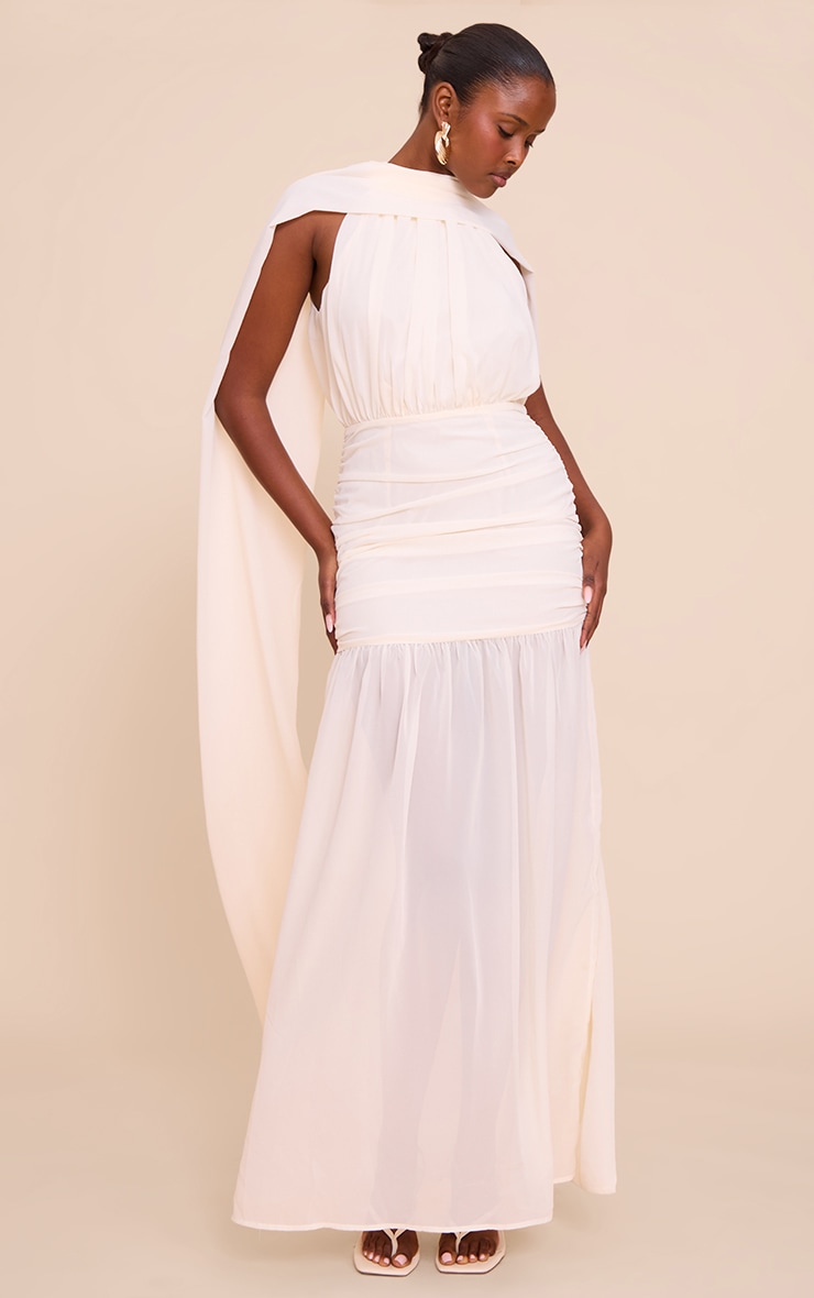 Cream High Neck Scarf Detail Ruched Maxi Dress image 3