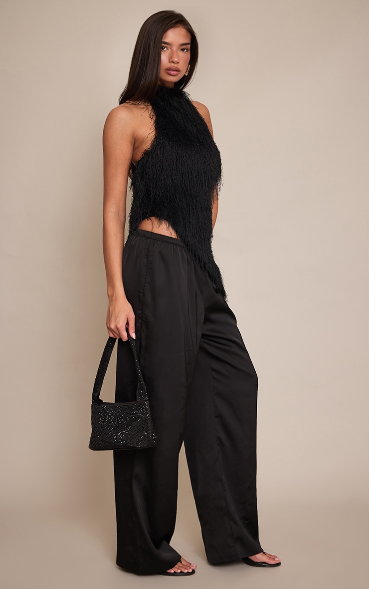 Black Textured Faux Fur Asymmetric Sleeveless Top image 3