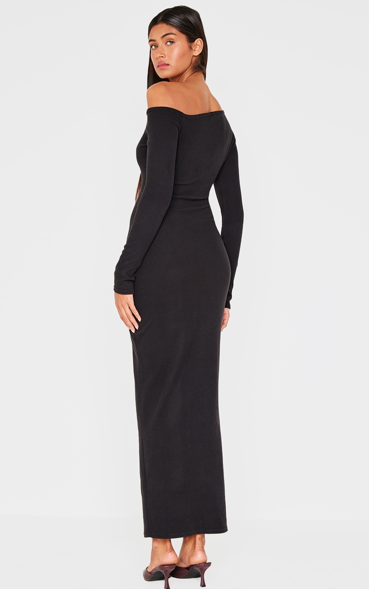 Black Ribbed Bardot Long Sleeve Maxi Dress image 2