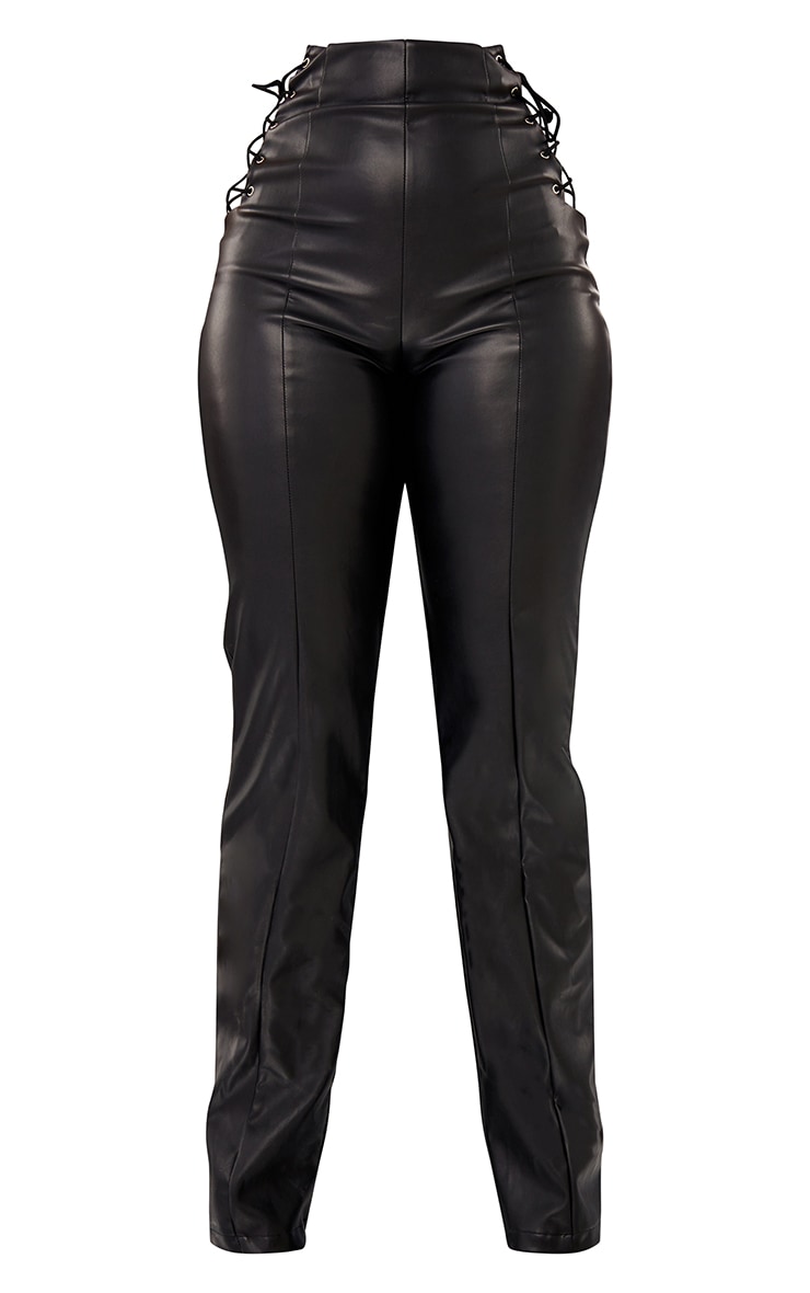 Black Faux Leather Laced Up Detail Straight Leg Trousers image 5