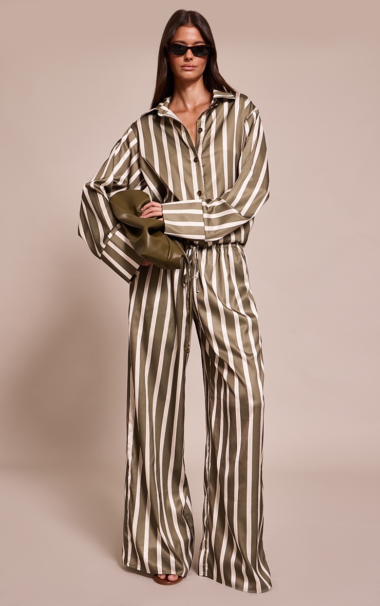 Khaki Satin Pinstripe Wide Leg Pants image 1