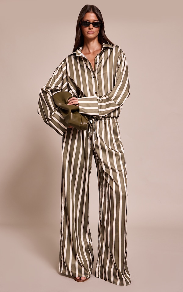 Khaki Satin Pinstripe Wide Leg Pants