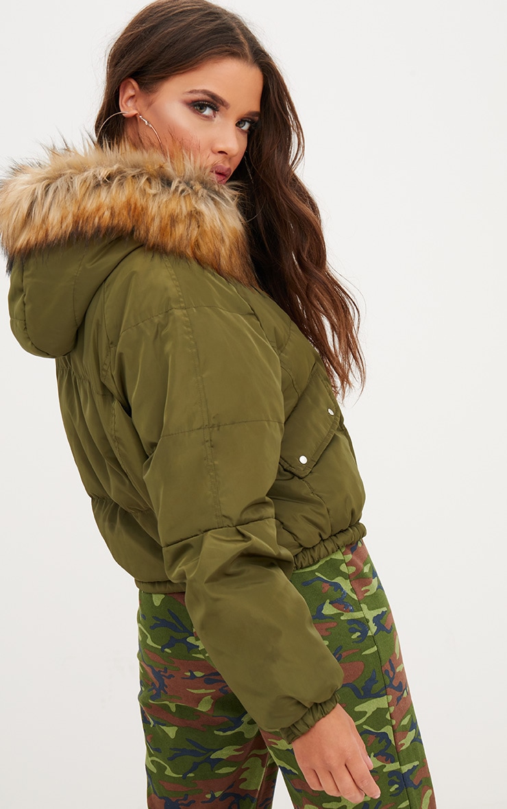 cropped padded jacket with faux fur hood
