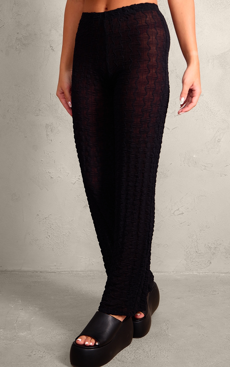 Black Sheer Textured Jersey Straight Leg Pants image 1