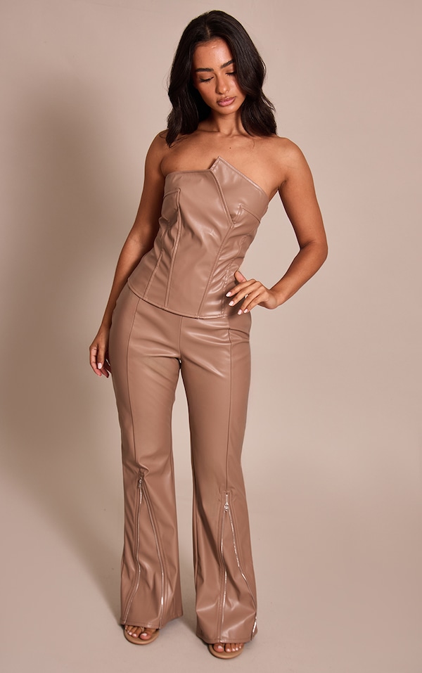 Petite Taupe Faux Leather Zip Detail Pants