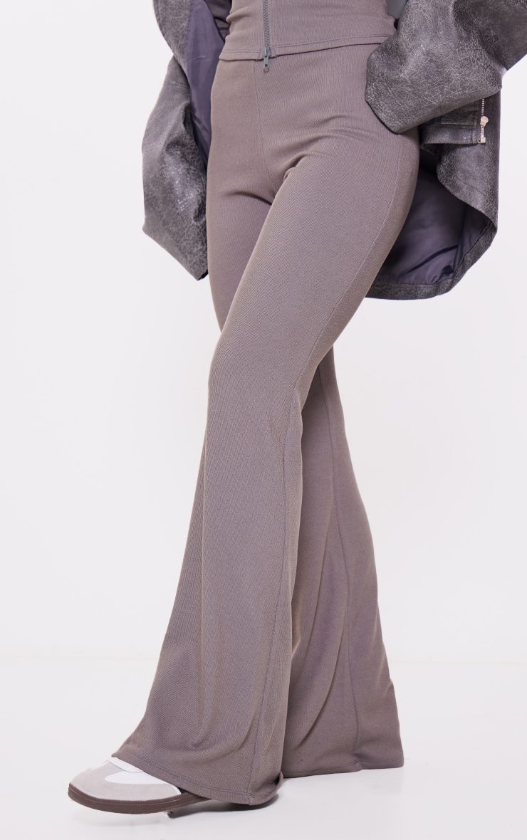 Charcoal Soft Rib Low Rise Skinny Flared Pants image 2