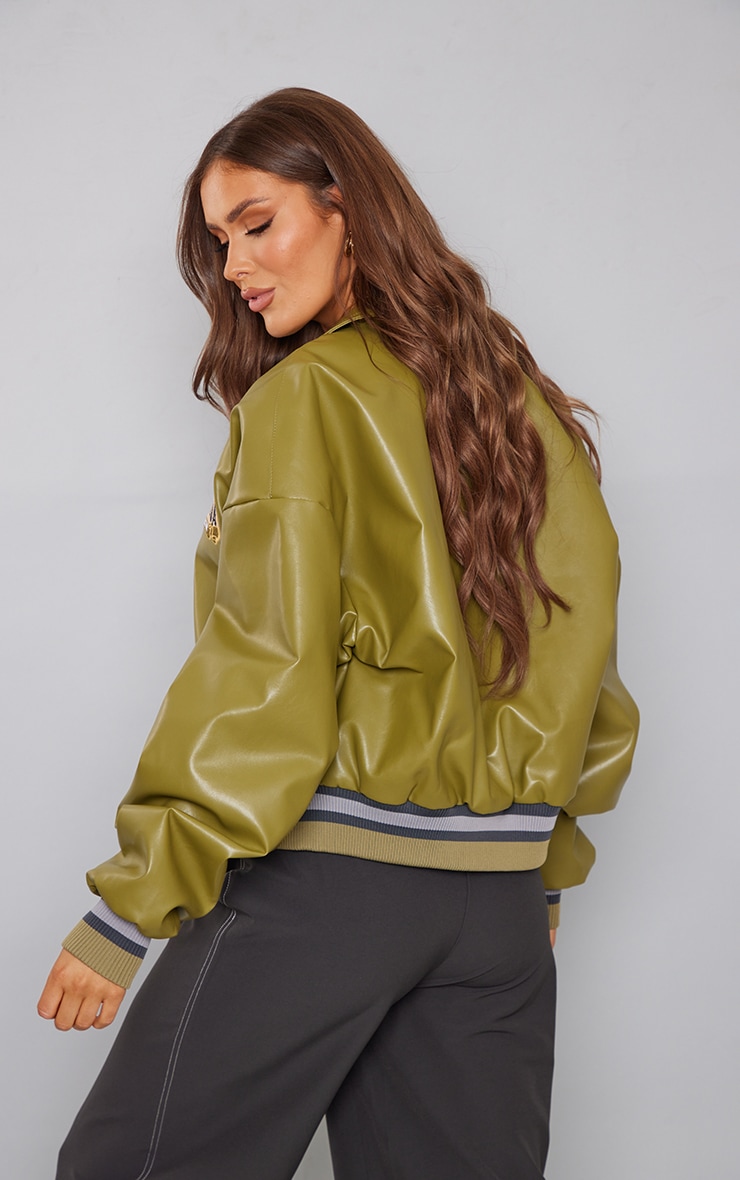  Olive Khaki Faux Leather Contrast Rib Bomber Jacket image 2