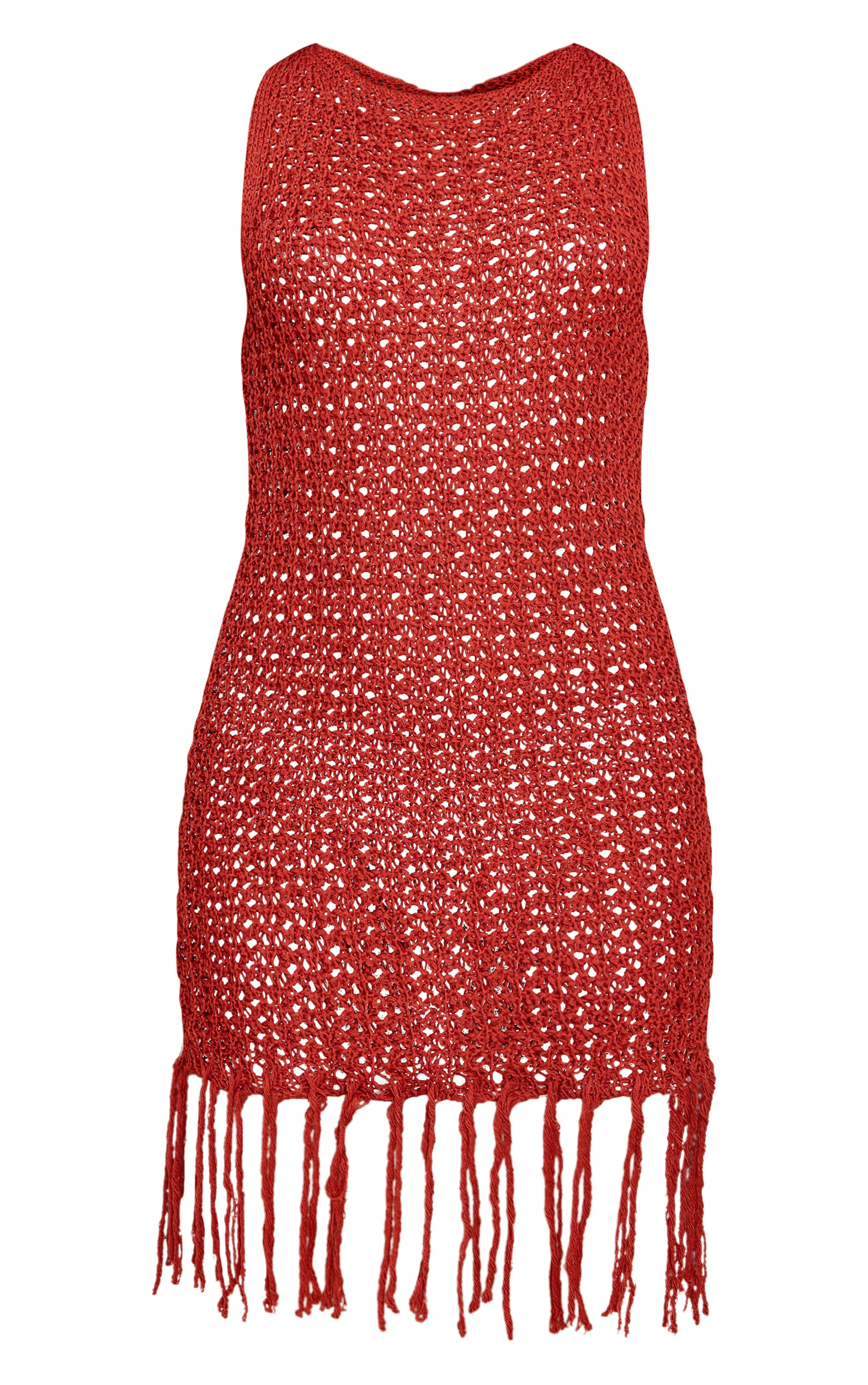 Rust Crochet Boat Neck Tassel Mini Dress image 5