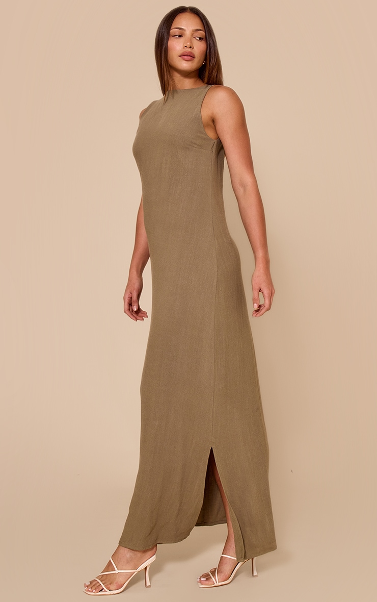 Tall Khaki Textured Boat Neck Low Back Maxi Dress image 3