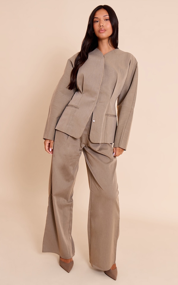  Grey Premium Woven Tailored Wide Leg Pleated Pants