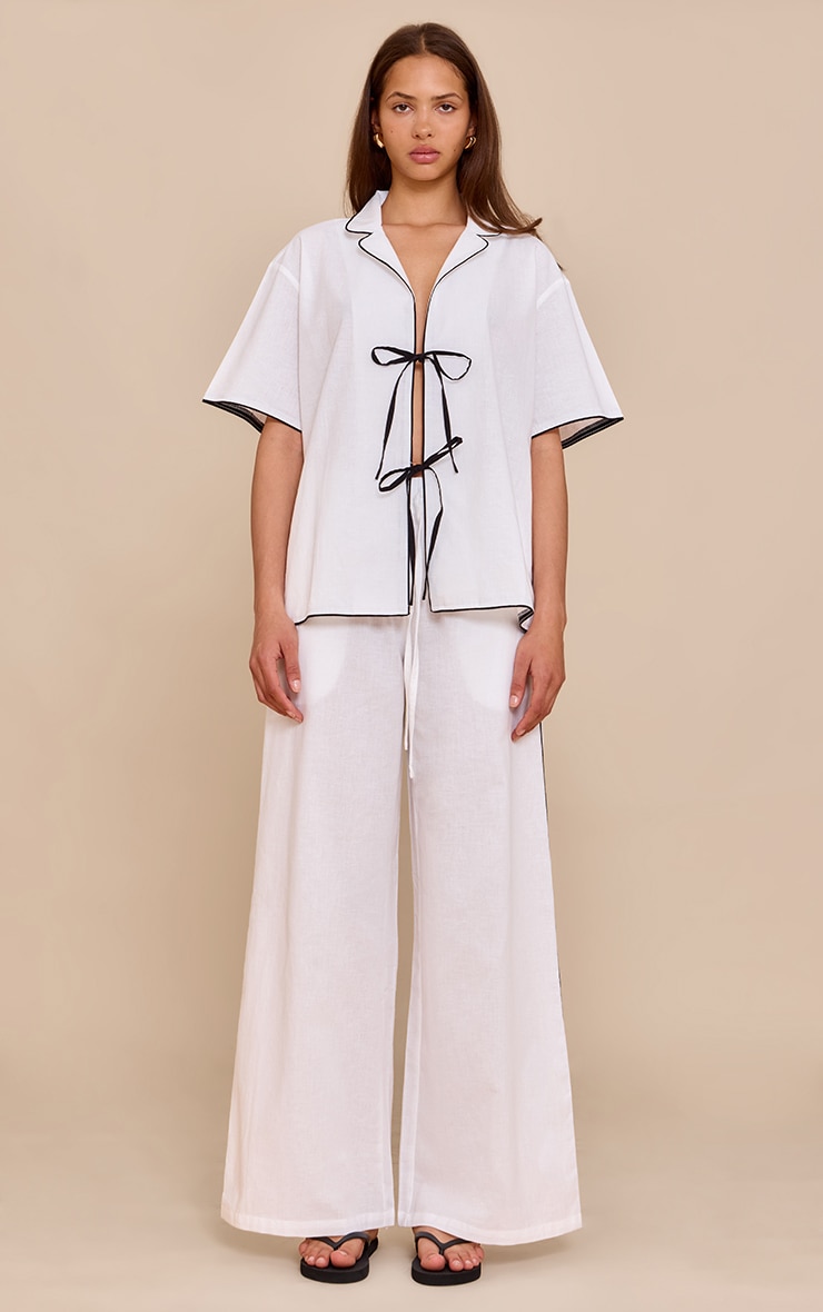 Cream Linen Look Contrast Wide Leg Pants image 1