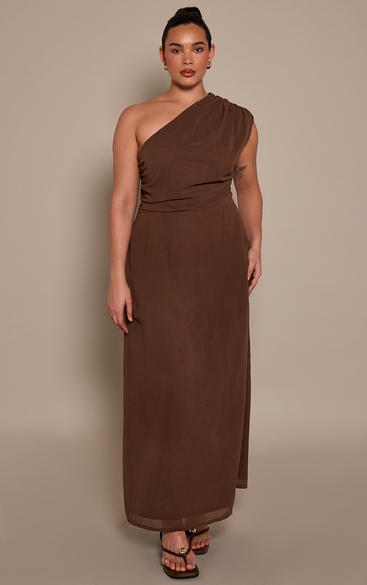 Plus Chocolate Drape One Shoulder Maxi Dress image 1