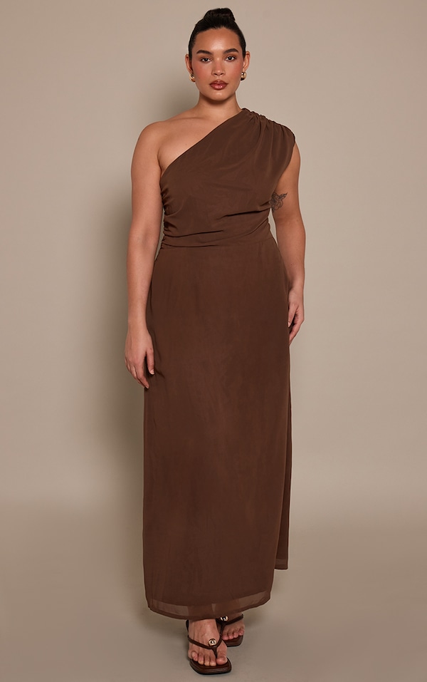 Plus Chocolate Drape One Shoulder Maxi Dress 