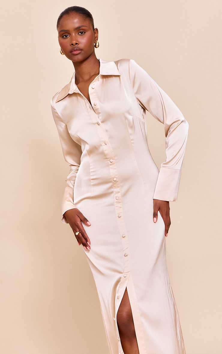 Almond Satin Button Down Midaxi Dress image 1