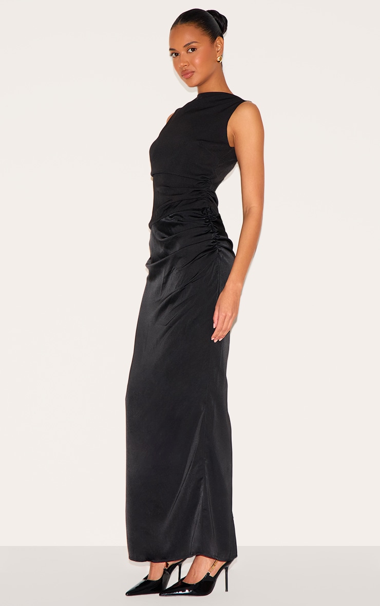 Black Woven High Neck Ruched Drape Midaxi Dress image 3
