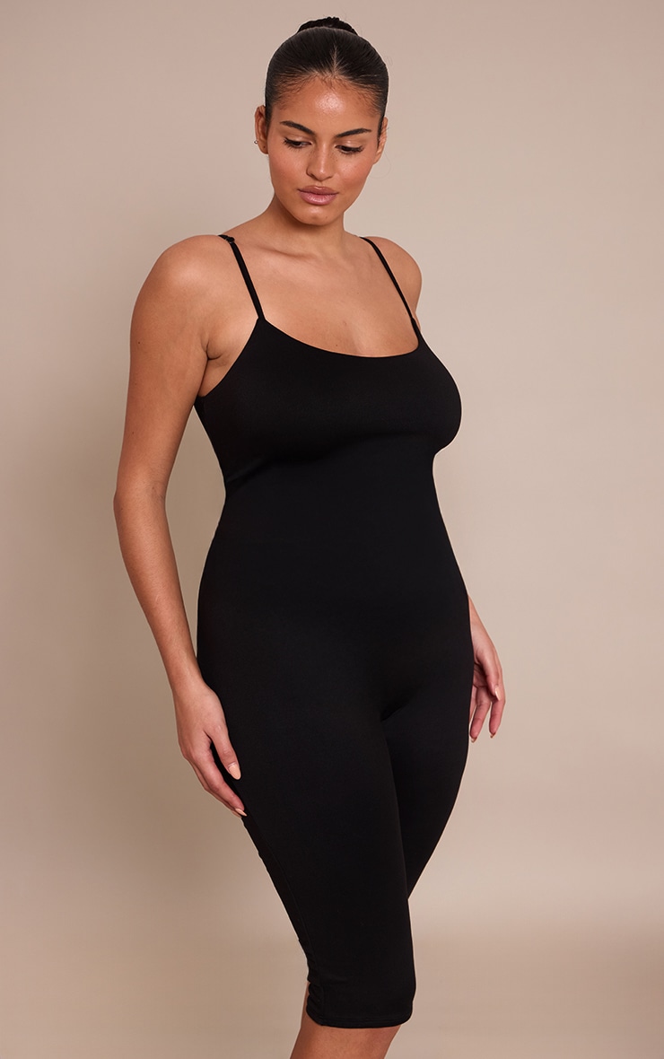 Plus Black Spaghetti Strap Contour Capri Jumpsuit Plus Size
